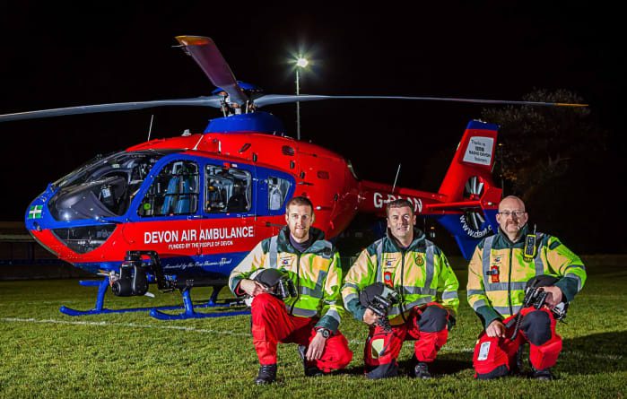 Left to right: Pilot Ross White, critical care paramedics Paul Robinson and Dave Huyton. Copyright free single use photos.