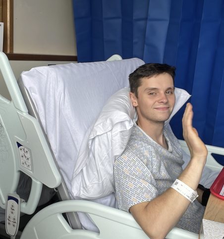 Sam recovering in hospital following the collision.