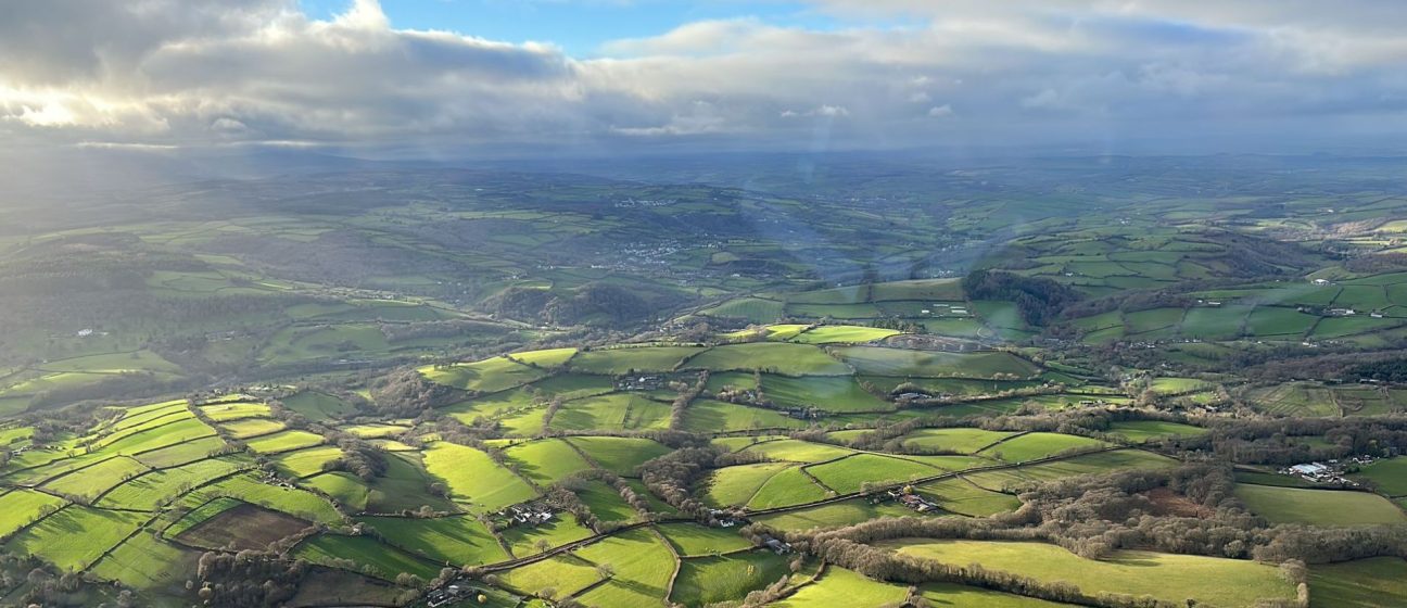 aerial view of Devon in sunlight